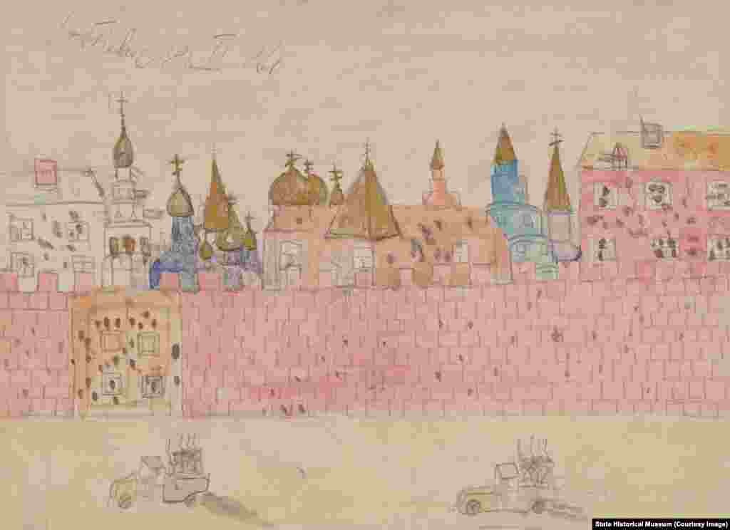 Детские рисунки помогут более точно понять настроения того времени, осознать масштабы раскола в сознании общества, и увидеть новые явления в повседневной жизни: митинги, многочисленный очереди в магазины, повсеместное присутствие военных. Добкевич. "Обстрел Кремля"