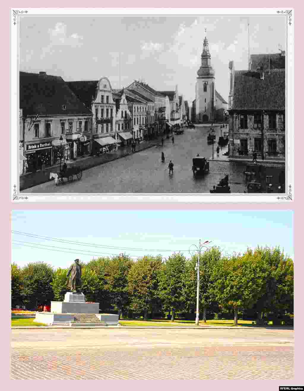 Черняховск (ранее – Инстербург), площадь Ленина (ранее – Альтермаркт) Война забрала у Черняховска центральную площадь, Старый рынок. Если весь остальной город был застроен в основном в эпоху Второго Рейха, то здесь сложился ансамбль XVII-XVIII веков с кирхой Лютера (1612-46), бюргерскими домами и Старой ратушей. Лютерова кирха сгорела во время Второй мировой войны, затем использовалась как склад и в 1976 году была снесена. Единственное, что о ней напоминает сейчас, – прилегавшие к ней ворота в городской парк, возведенные в 20-е годы XX века. Памятник Ленину стоит на месте разрушенных домов. Троллейбуса, который ходил в городе между двух мировых войн и имел остановку на Старом рынке, больше не существует. Зато теперь здесь во множестве стоят такси (левее за кадром), водители скучают.  