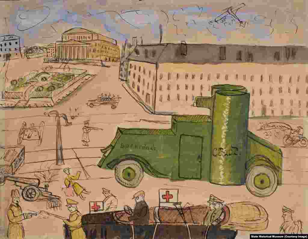 Большинство рисунков остались безымянными – их авторов установить не удалось, как и не нашлось упоминаний в записях самого Воронова. Неизвестный автор. "Бой на Театральной площади". Аббревиатура на броневике расшифровывается как "Совет рабочих и солдатских депутатов"