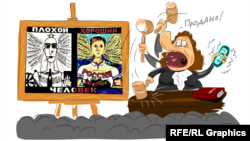 Процесс по делу Георгия Албурова, карикатура currenttime.tv