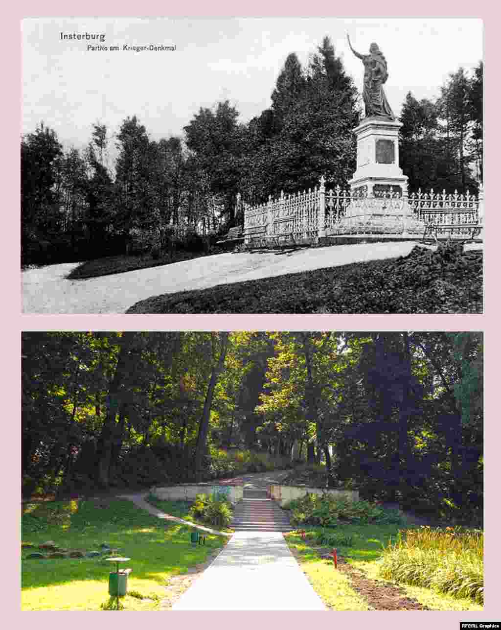 Черняховск (ранее – Инстербург), городской парк (ранее - Долина стрелков). Памятник погибшим воинам Парк находится в долине небольшой реки. Он был заложен в 1843 году местной гильдией стрелков, что и объясняет его оригинальное название. Здесь проходили концерты певческих союзов на Троицын день, концерты военных оркестров, различные выставки, костюмированные балы. После Первой мировой войны парк стал одной из важнейших в городе концертных площадок.  